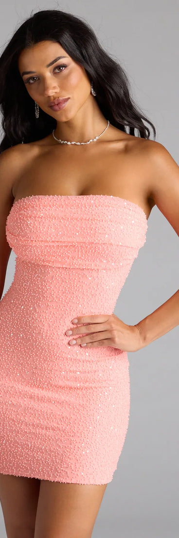 Minivestido Lena sin tirantes ajustado con malla bordada (DEV)